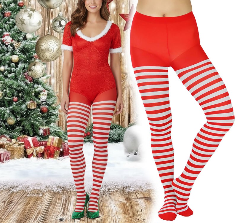 ToBeInStyle Women's Nylon Horizontal Striped Tights - White/Red - Plus - Image 4